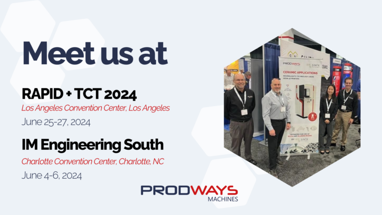 "Prodways Machines booth at IME South 2024 showcasing CERAM PRO 3D printers.